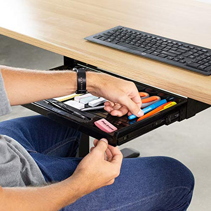 Under desk catchall drawer that easily attaches to the underside of the desktop.