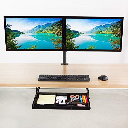 Modern office desk with a pencil drawer and dual monitor mount.