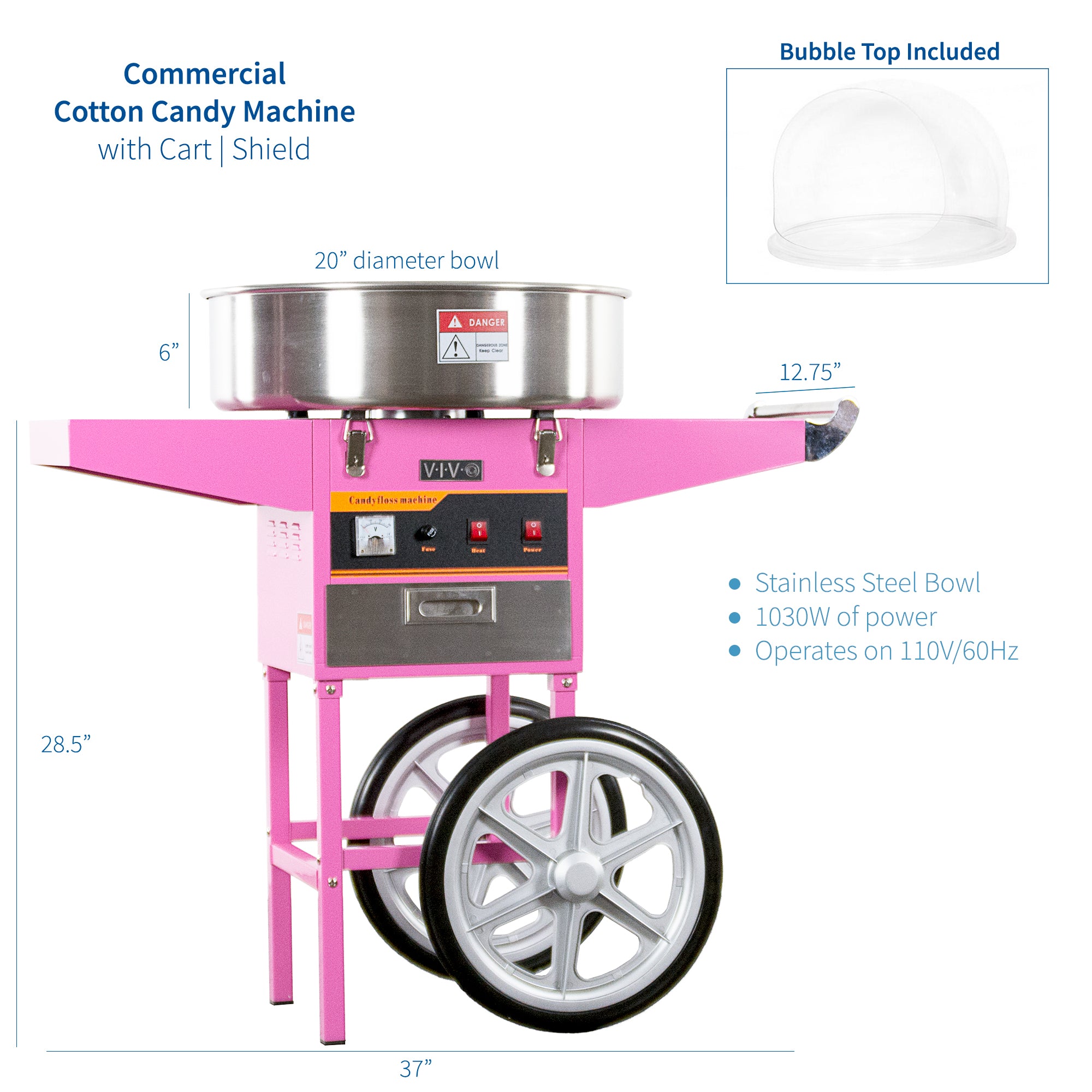 Pink Electric Commercial Cotton Candy Machine with Cart and Bubble Shield Specs