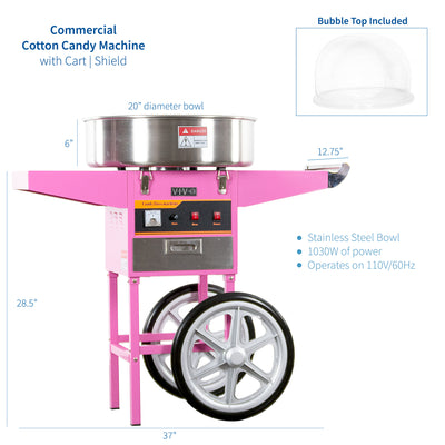 Pink Electric Commercial Cotton Candy Machine with Cart and Bubble Shield Specs