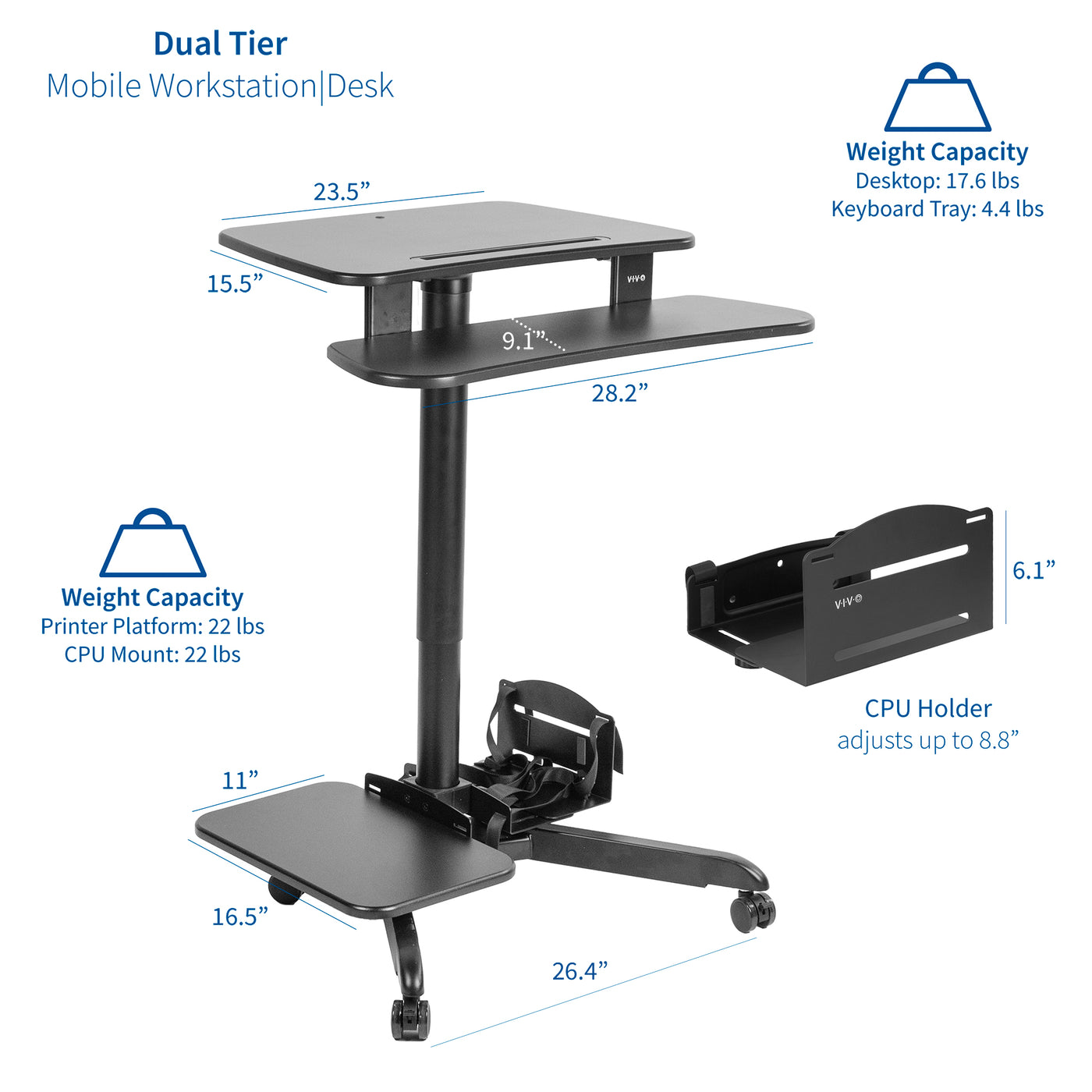 Ergonomic mobile computer workstation cart with dual tiers.