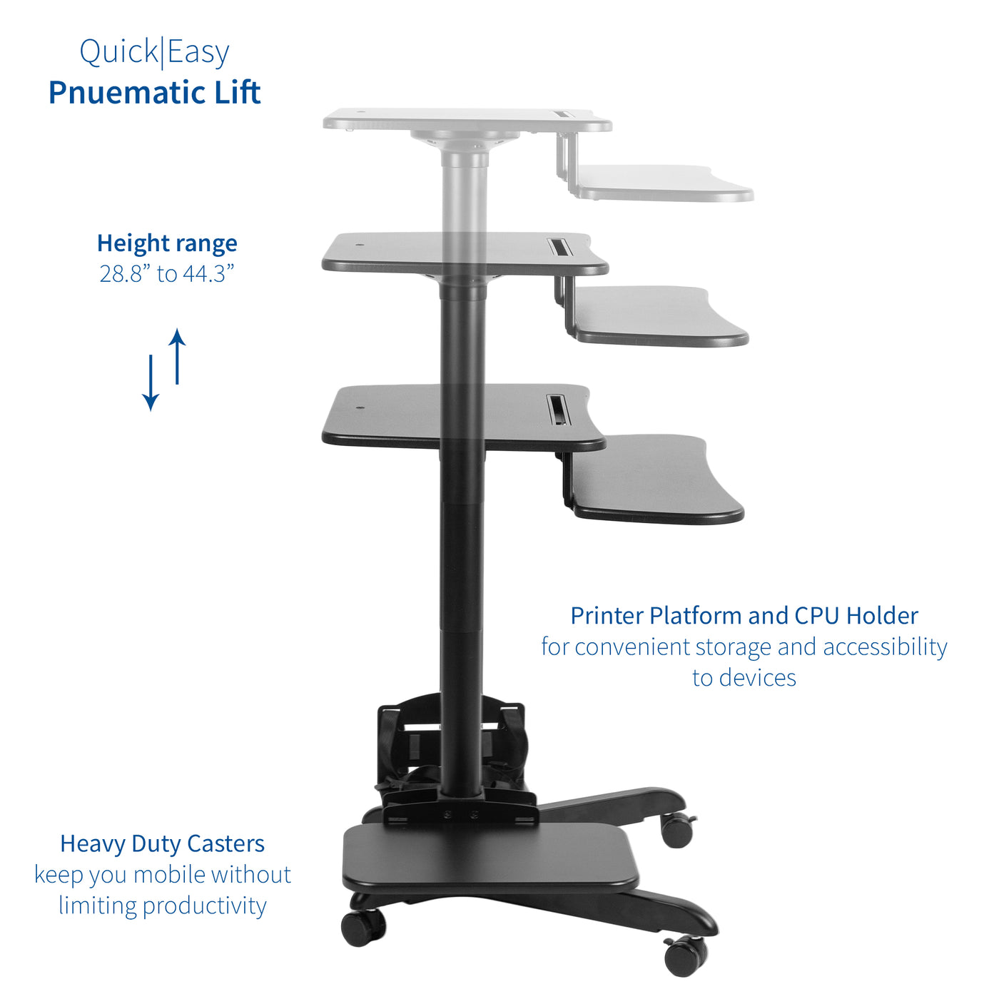 Ergonomic mobile computer workstation cart with pneumatic lift.