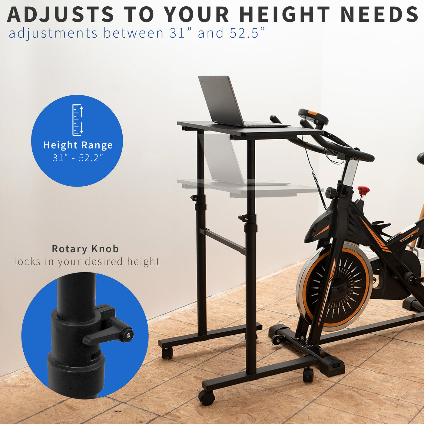Heavy-duty height adjustable stationary exercise bike workstation desktop with height lock.