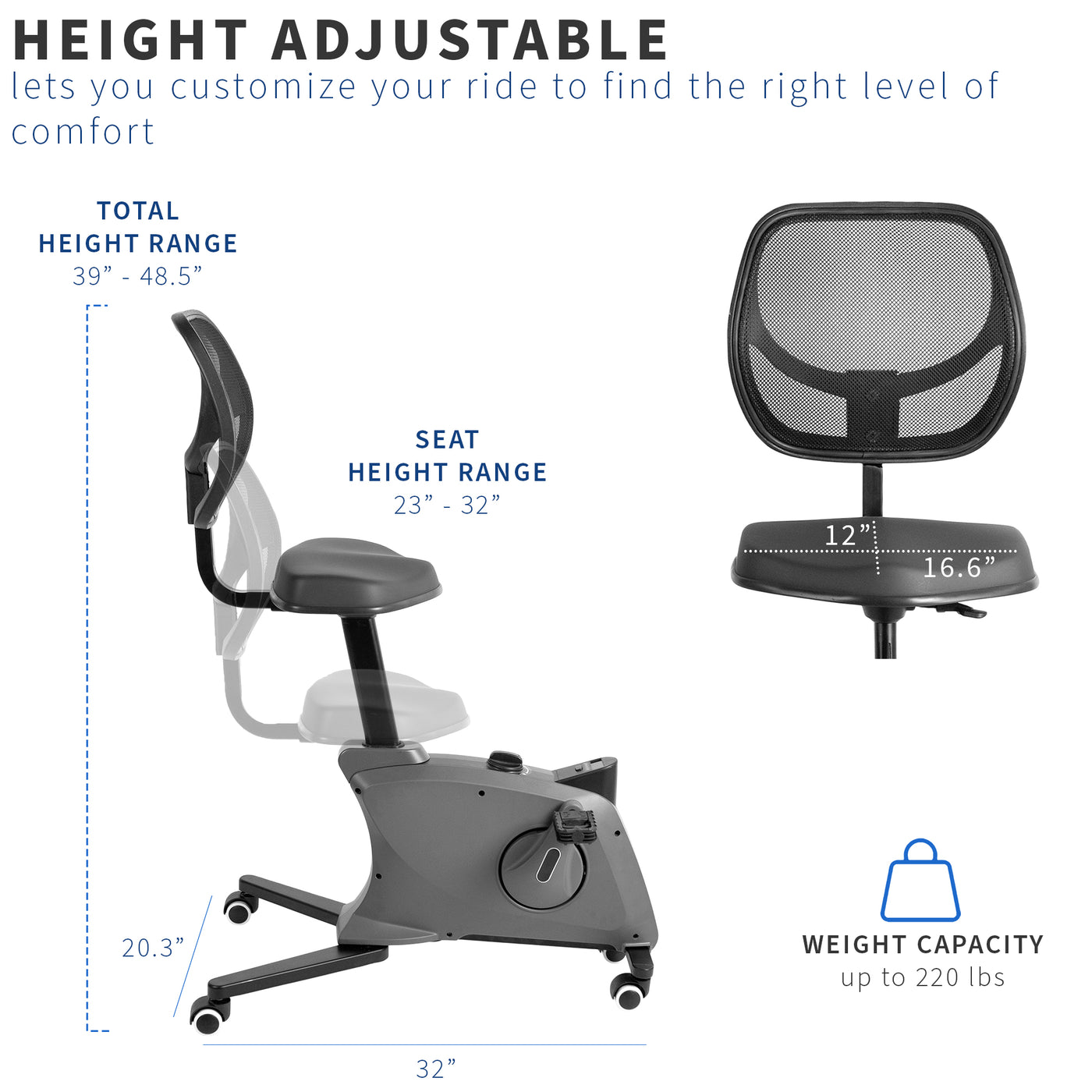 Sturdy portable height adjustable deskside exercise bike with wide height range and seat height range.