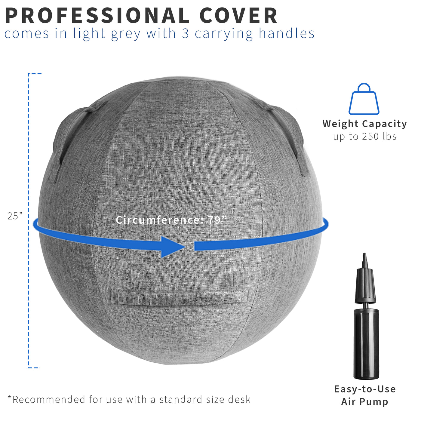 Comfortable sitting yoga ball chair with gray fabric cover including easy use air pump.