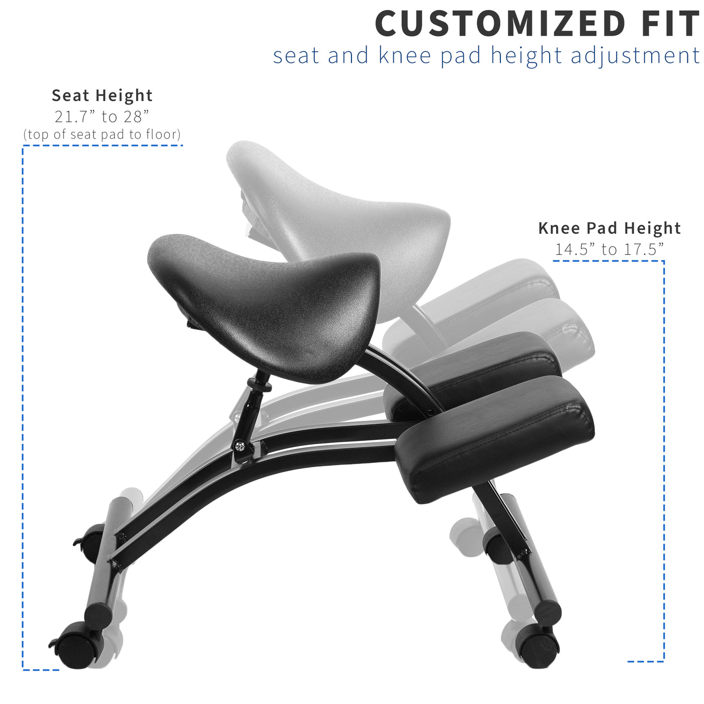 Sturdy saddle seat kneeling chair with adjustable seat height and knee pad height.