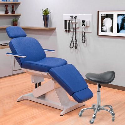 Saddle seat with wheels for better posture and increased productivity in dentist office.