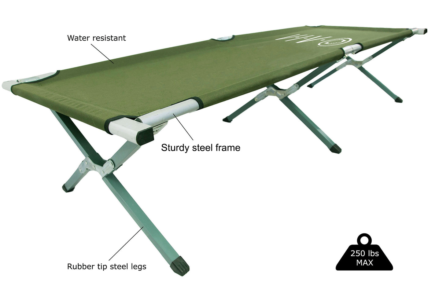 Sturdy water resistant camping cot with carrying bag.