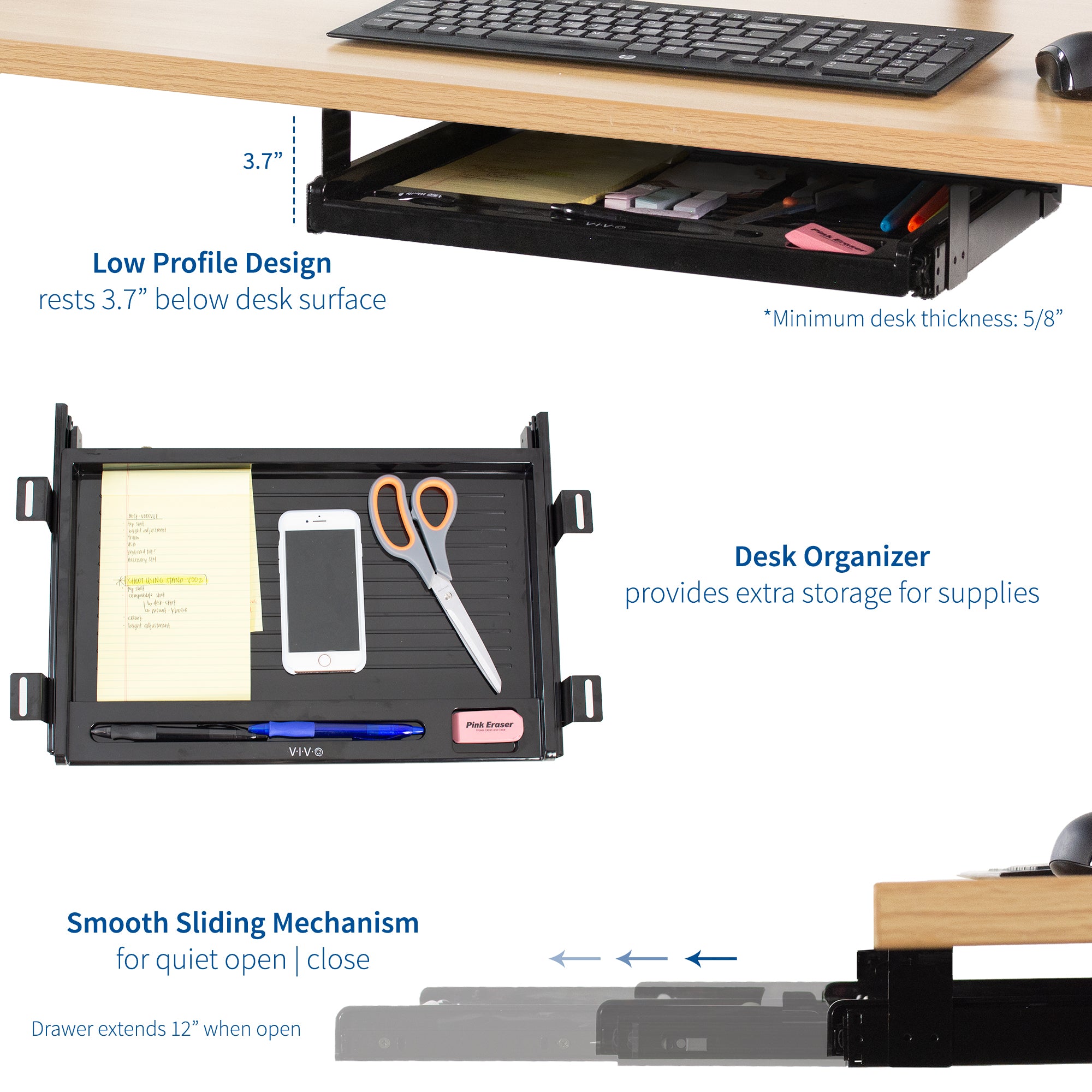 Low profile design providing extra storage for office supplies out of sight.