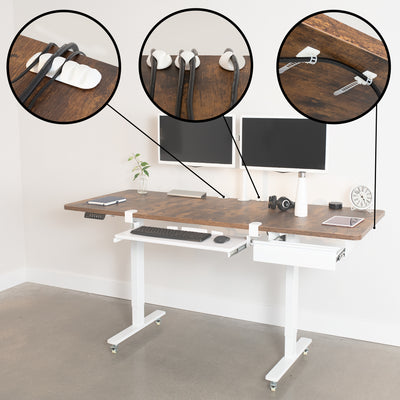 Desk Accessory Kit which includes a sturdy steel drawer for extra storage space, a large clamp-on keyboard tray for ergonomic typing angles, M8 caster wheels (x4) for smooth mobility, and cable management ties for organization.