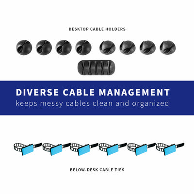 It includes a variety of desktop cable holders and cable ties for an ergonomic workspace.