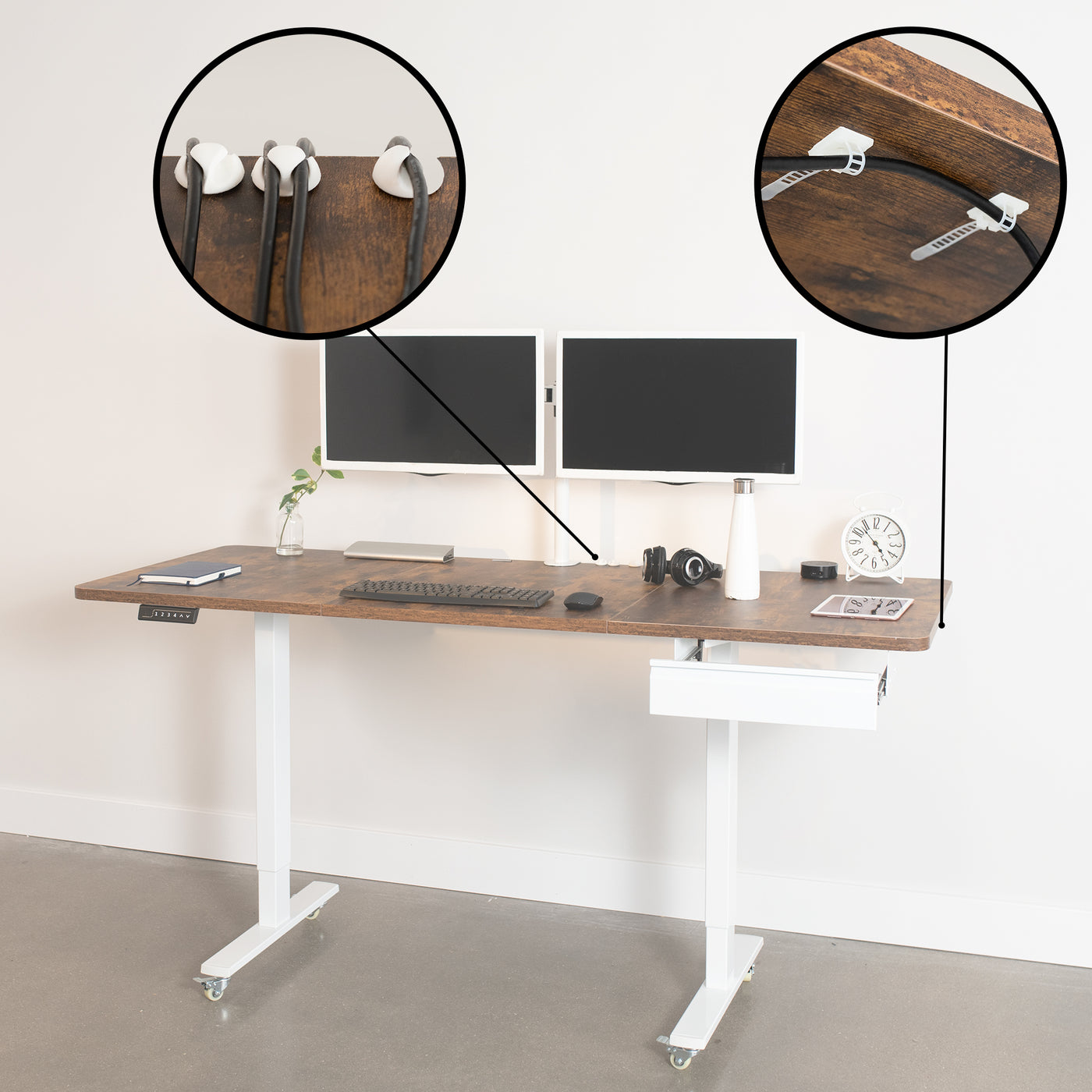 Desk Accessory Kit which includes a sturdy steel drawer for extra storage space, M8 caster wheels (x4) for smooth mobility, and cable management ties for organization.