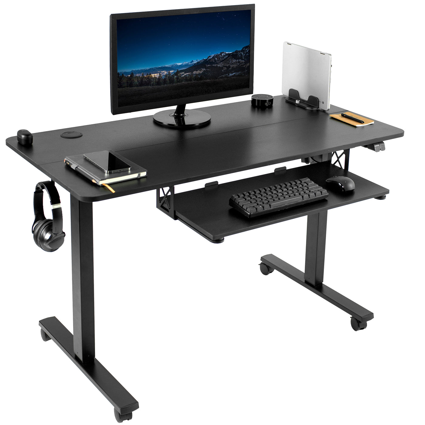 Mobile electric height adjustable desk with wheels. 