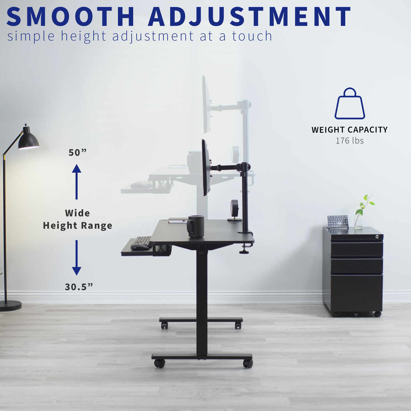 Sturdy mobile electric sit to stand height adjustable ergonomic desk workstation with keyboard tray and accessory hooks for convenient productive workspace.