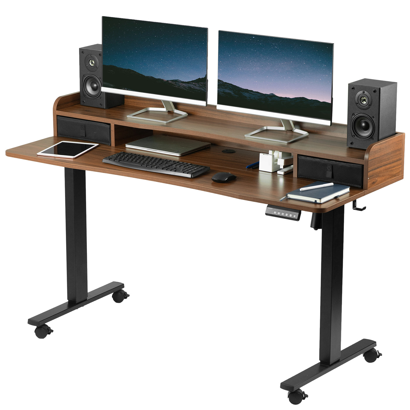 Dual tier height adjustable mobile electric desk with storage drawers.