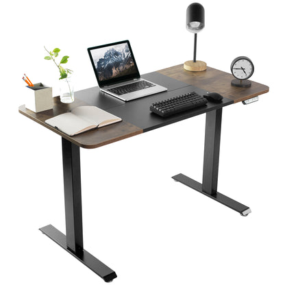 Sturdy rustic electric sit or stand desk workstation with adjustable height.