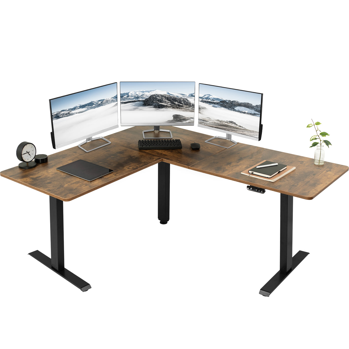 Heavy-duty, rustic, electric height adjustable corner desk workstation for active sit or stand efficient workspace.