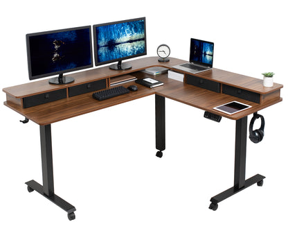 Dual tier height adjustable electric corner desk with storage drawers and wheels.