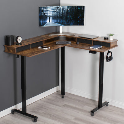 Rustic dual tier height adjustable electric corner desk with storage drawers and wheels.