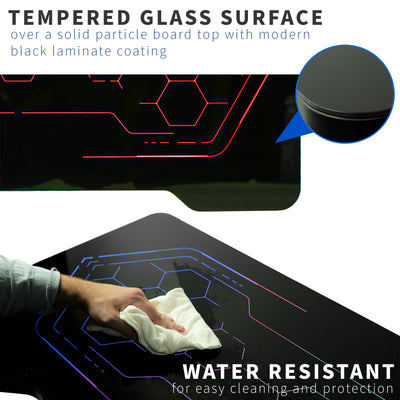 Sturdy RGB lighting gaming desk with color changing remote controlled LED lights under water resistant tempered glass tabletop surface.