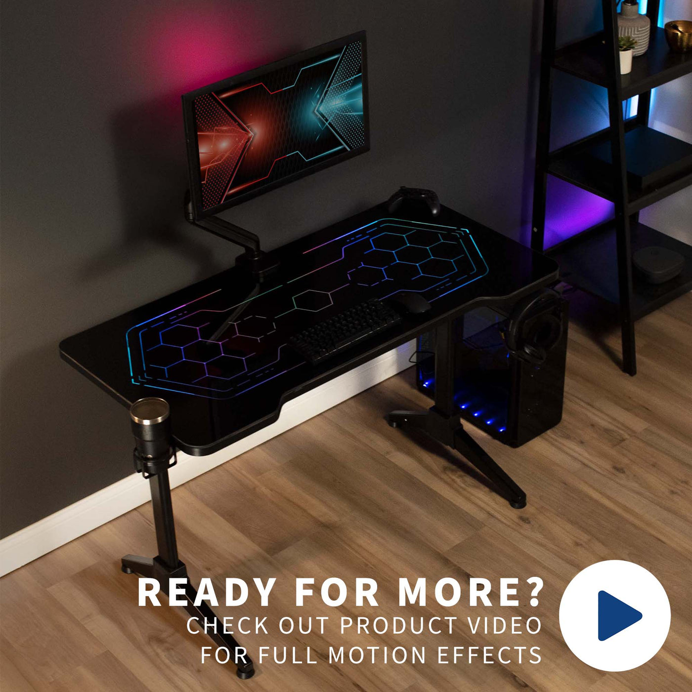 Sturdy RGB lighting gaming desk with color changing remote controlled LED lights under tempered glass tabletop surface.