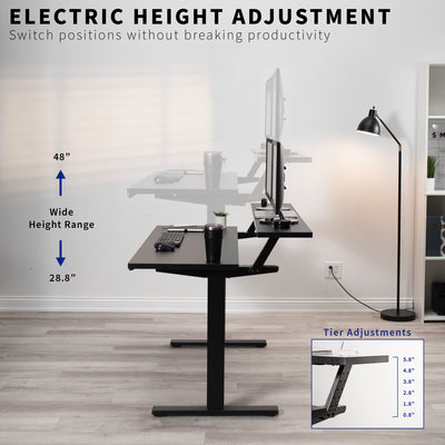 Height adjustable two-tier desktop that can run flush with the main desktop.