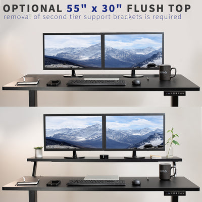 Split desk can run flush or elevate for built-in monitor height adjustment and ergonomic viewing angles.