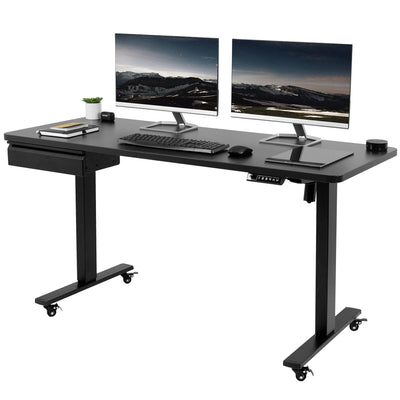 Electric desk with included desk drawer accessory kit.