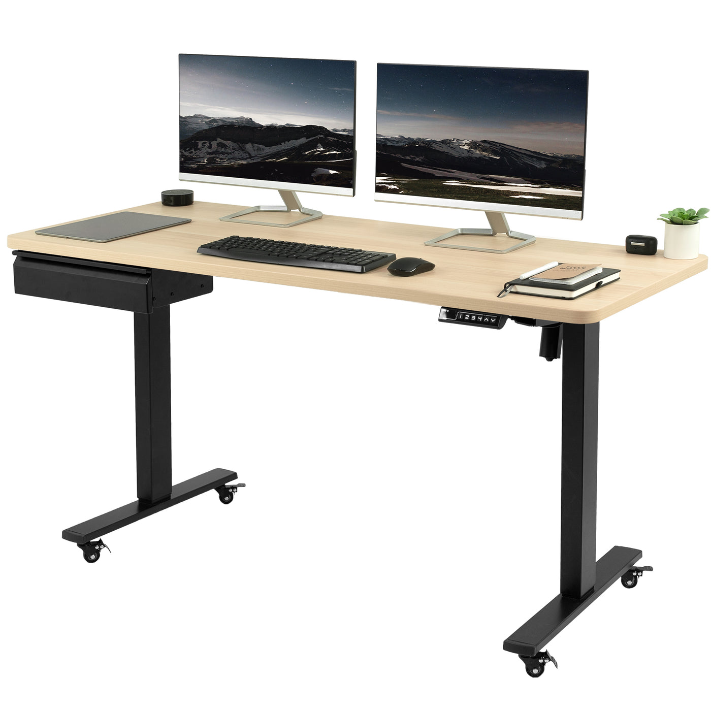 Light wood desk top with electric black height adjustable frame.
