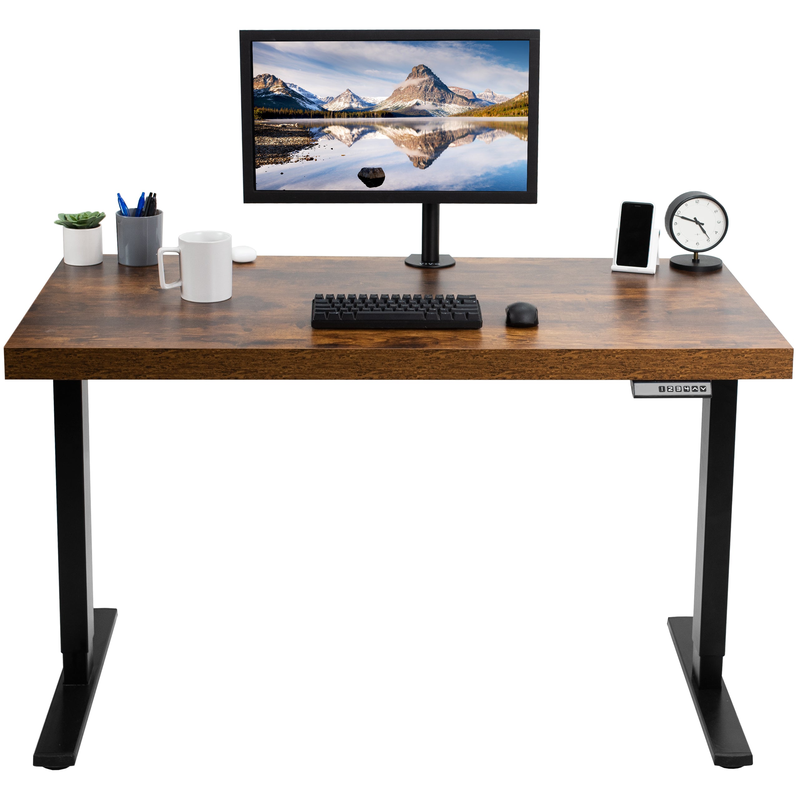  Electric Height Adjustable 51 x 25 inch Stand Up Desk, Complete Active Standing Workstation with Vintage Brown / Rustic Solid One-Piece Faux 2.3 Inch Thick Table Top