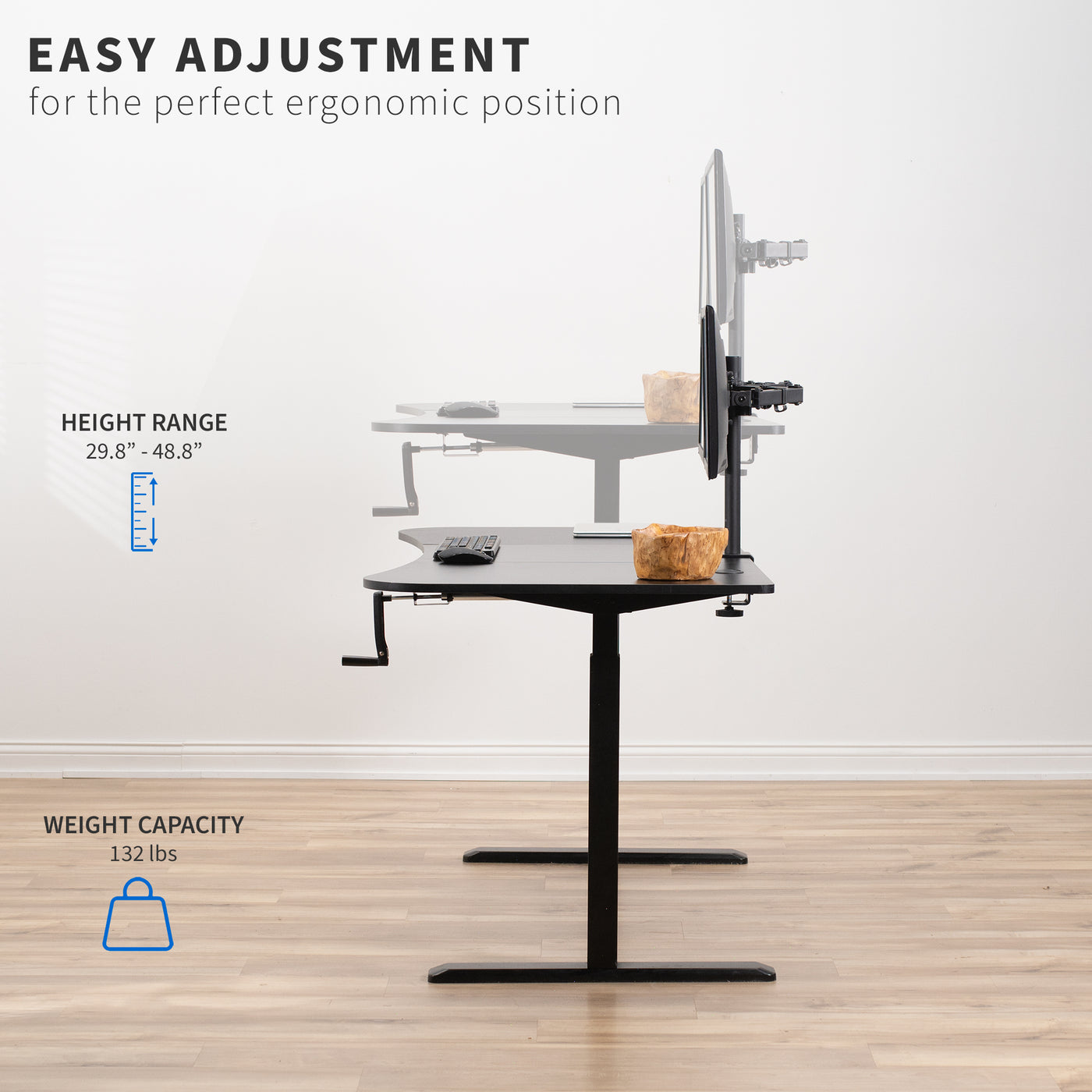 Ergonomic manual hand crank height adjustable desk for sit or stand workstation.