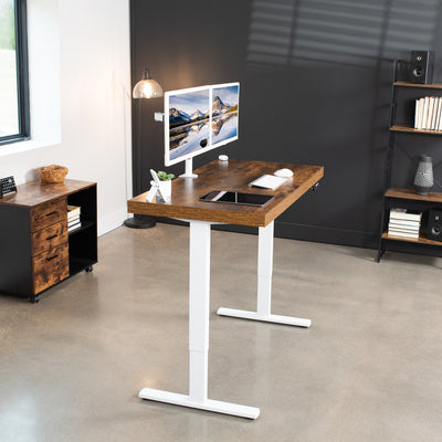  Electric Height Adjustable 51 x 25 inch Stand Up Desk, Complete Active Standing Workstation with Vintage Brown / Rustic Solid One-Piece Faux 2.3 Inch Thick Table Top