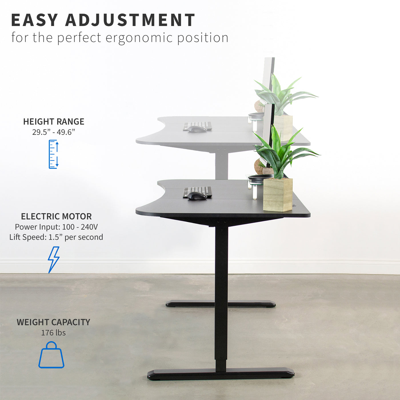 Easy adjustment along the height range from sitting to standing maximizing comfort while working.