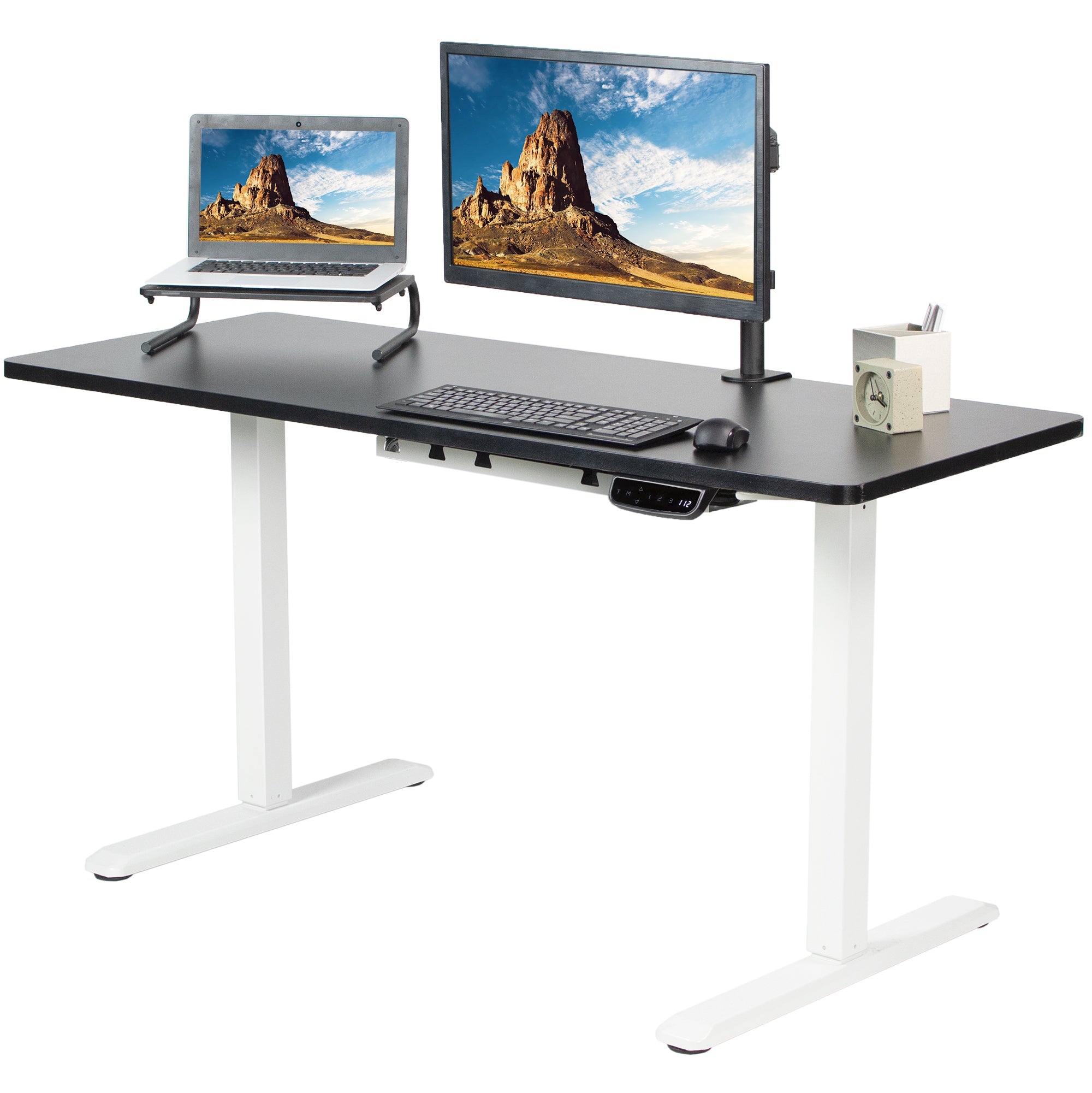 Heavy-duty electric height adjustable desktop workstation for active sit or stand efficient workspace.