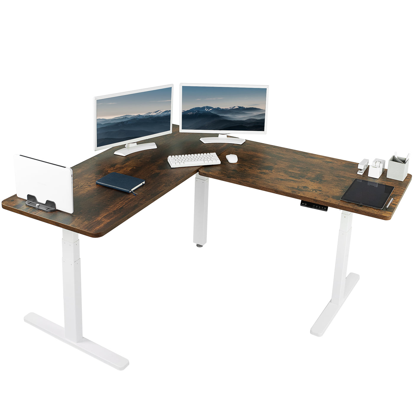 Heavy-duty rustic electric height adjustable corner desk workstation for active sit or stand efficient workspace.