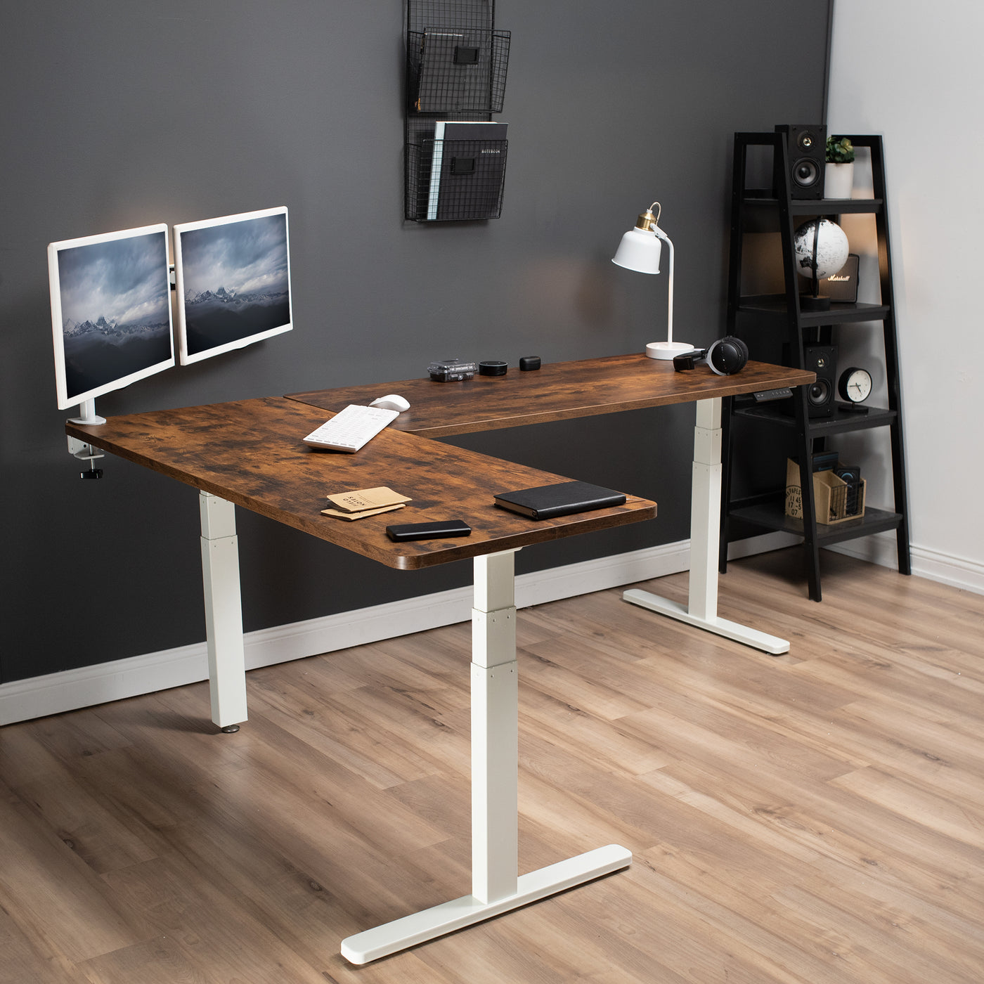 Rustic sturdy height adjustable corner desk workstation with memory controller.