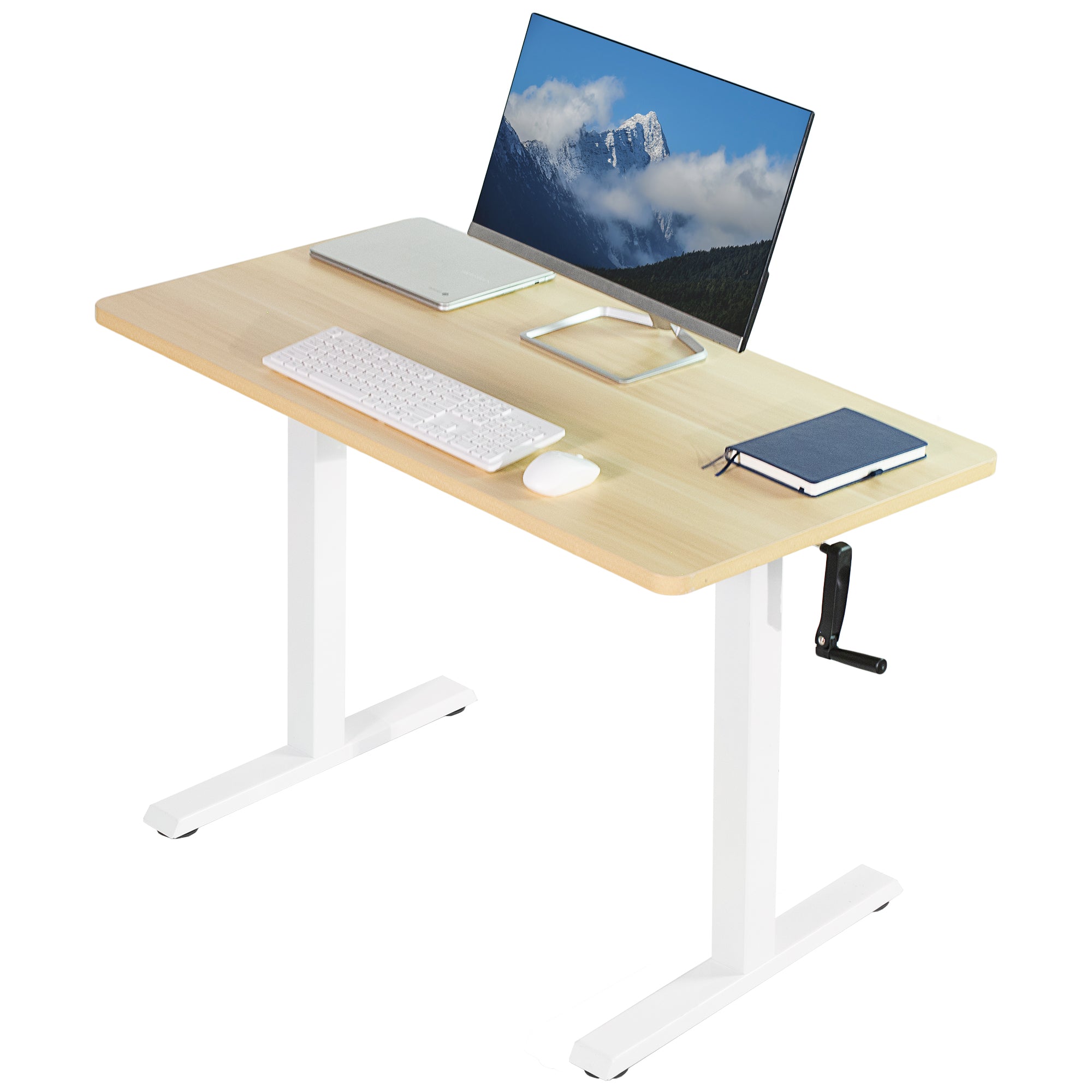 Manual hand crank height adjustable desk for active sit to stand workstation.