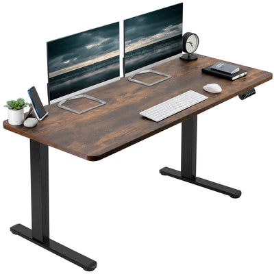Rustic, Electric Height Adjustable 60 x 24 inch Memory Stand Up Desk with Rear-Set Legs 
