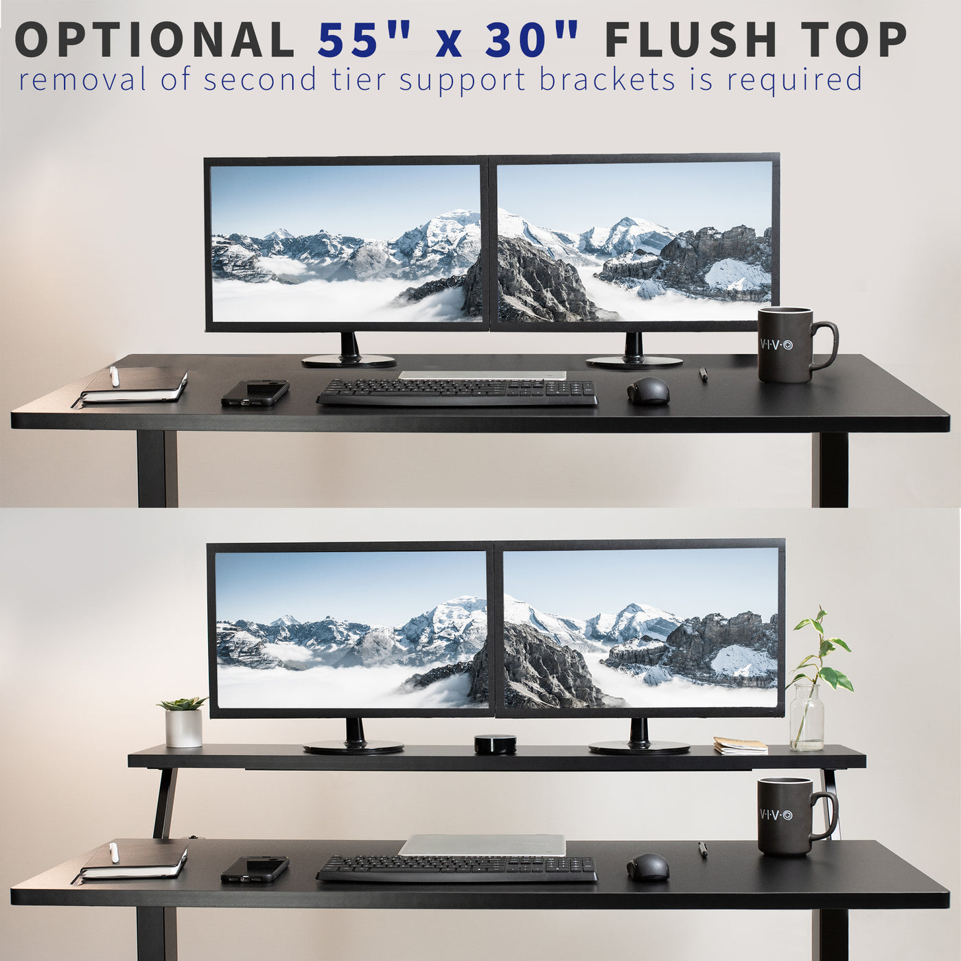 The split top of the desk can also run flush with desktop.