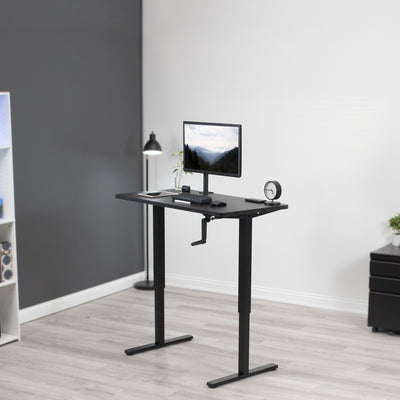Desk placed diagonally in a modern office room.