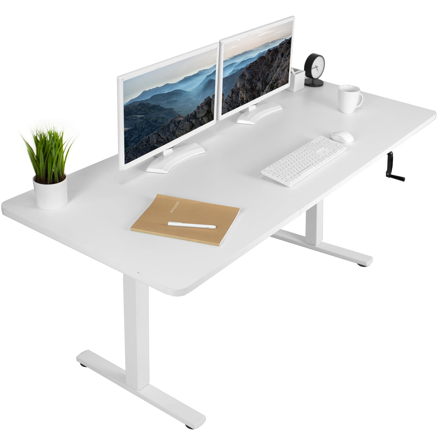 Wide surface sturdy sit or stand active workstation with adjustable height using manual hand crank.