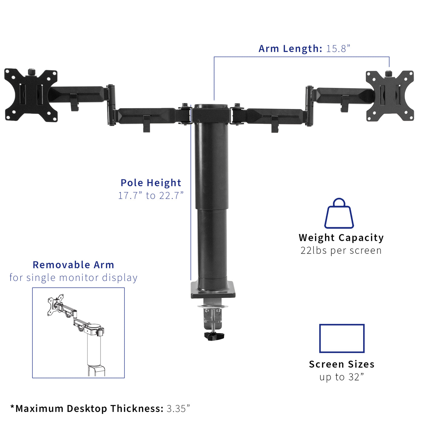 Dual monitor arm length and dimensions. 