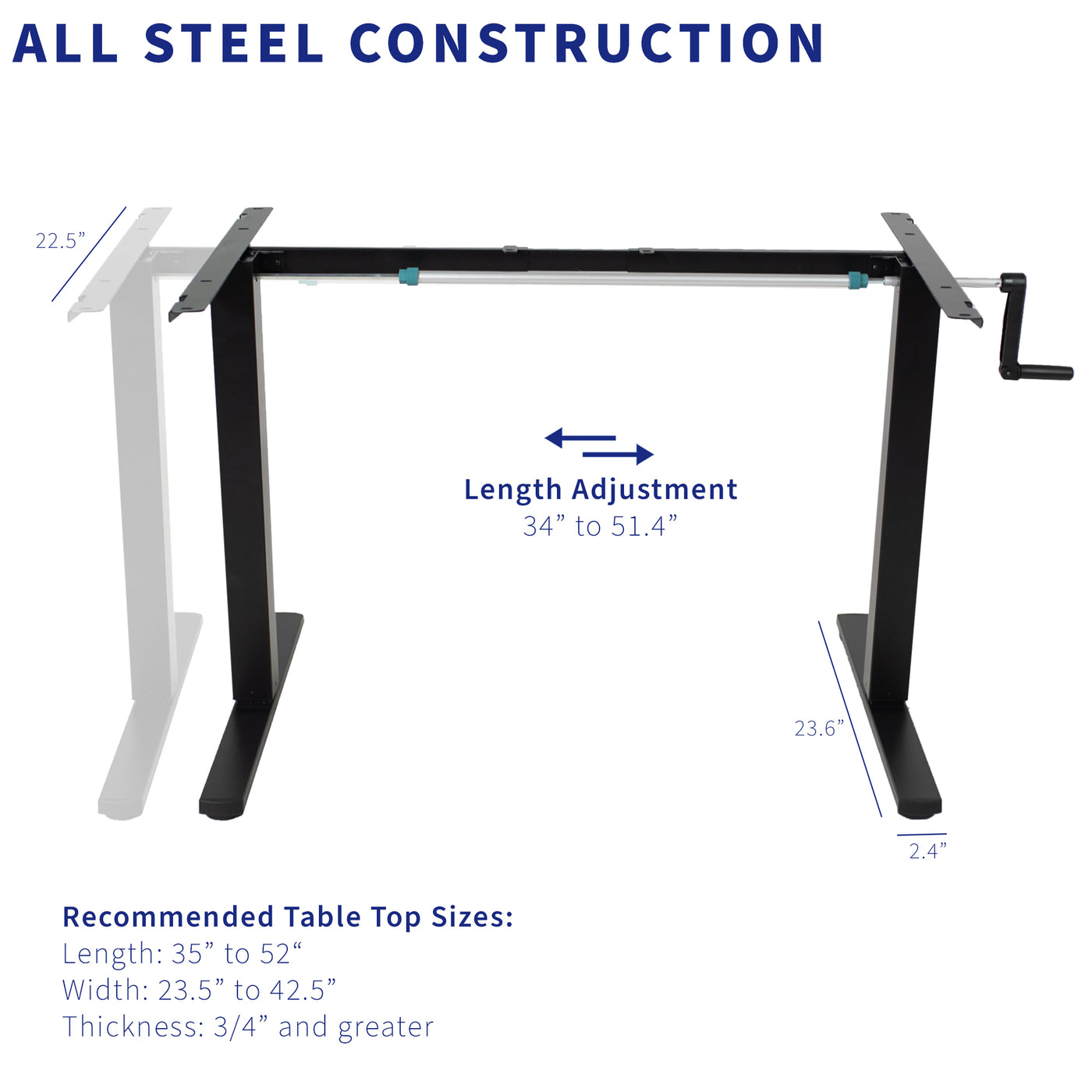 Desk frame with length adjustment to fit any compatible desktop of the recommended size.