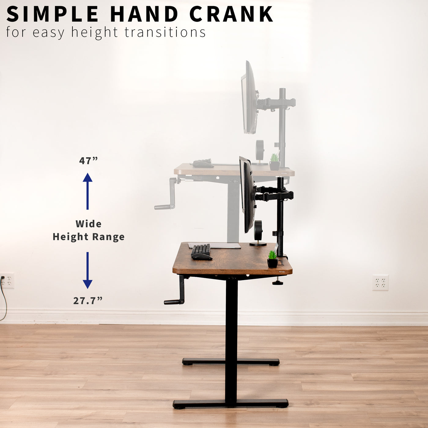  A wide height range is provided along the side of the desk with a simple hand crank.
