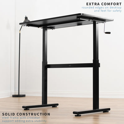 Manual hand crank desk workstation with frame and table top for home and office. 