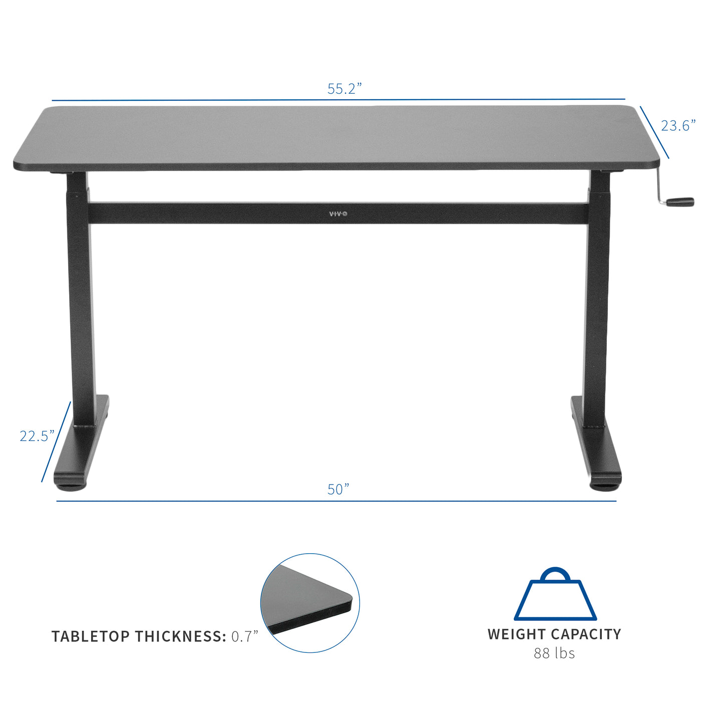 Table top thickness and frame dimension of modern height adjustable workstation desk.