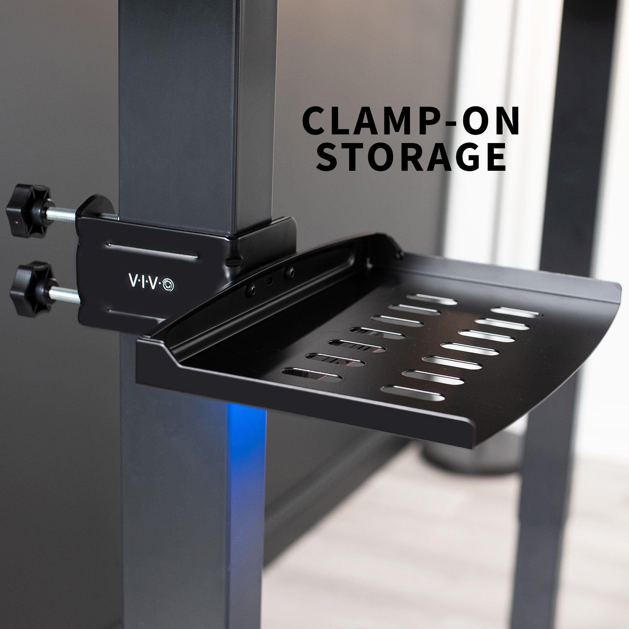 Measurements and specification of storage tray while clamped to desk leg.