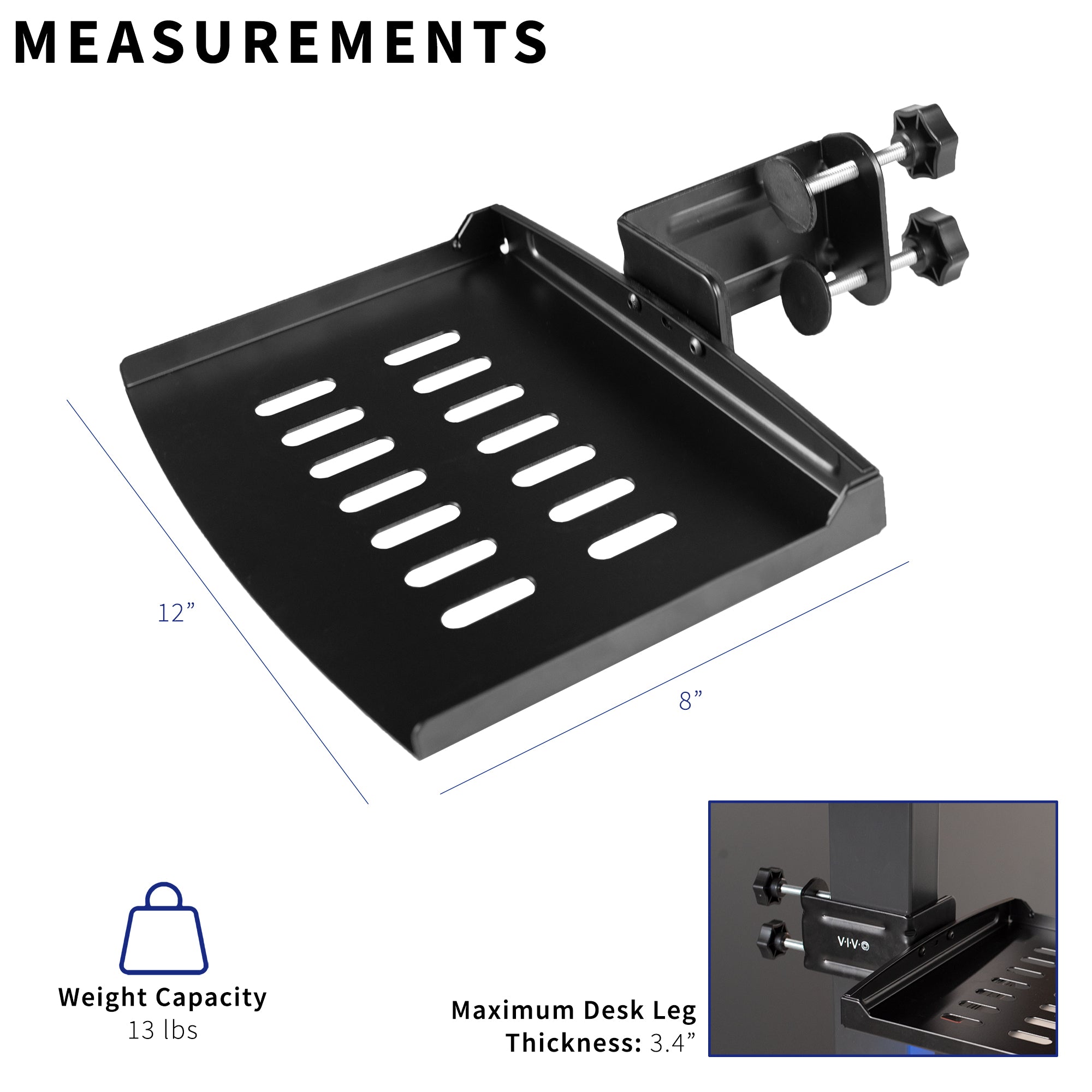 Clamp on desk leg tray holding a tablet and headphones in a convenient easy-to-access spot.