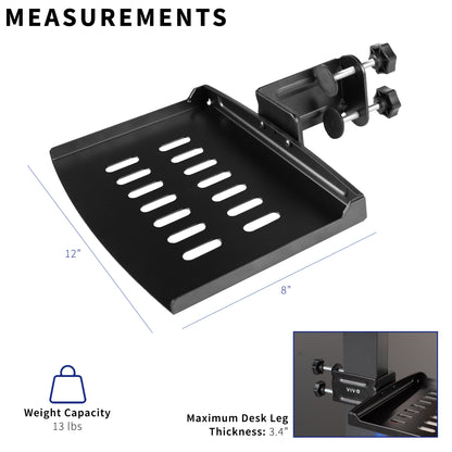 Clamp on desk leg tray holding a tablet and headphones in a convenient easy-to-access spot.