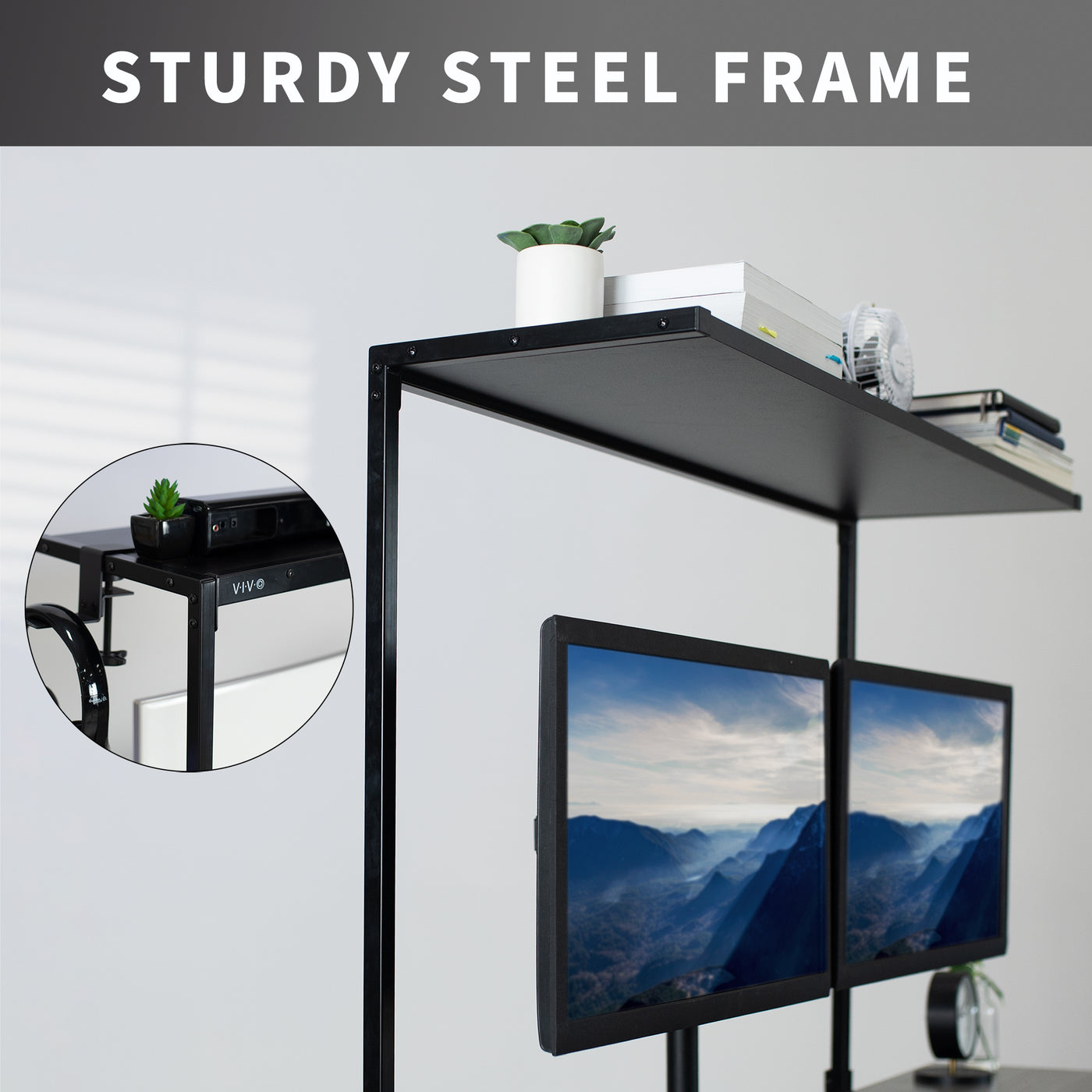 Confidently elevate your expensive office appliances with a sturdy steel frame of an overhead shelf.